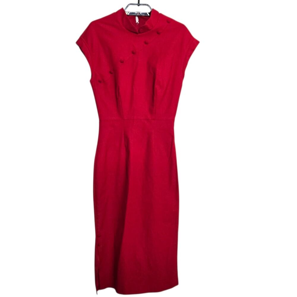 Stop Staring Alicia Estrada Pin Up Dress Size Medium Red Midi Wiggle Mandarin